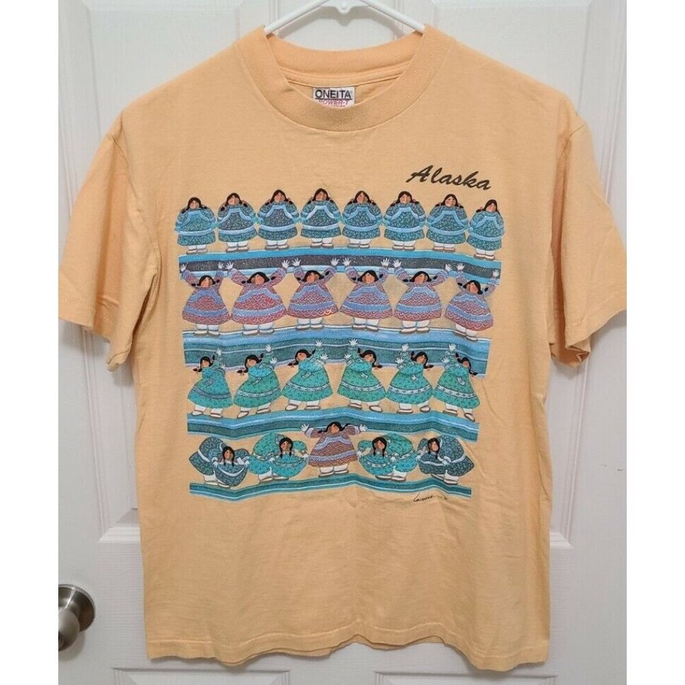 VTG Oneita Single Stitch Alaska S/S T Shirt Inuit Indigenous Native Orange Sz M
